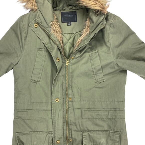 Miss London Jacket Women S Green Sherpa-lined Full Zip Faux Fur Trim Hooded Coat - Picture 9 of 16